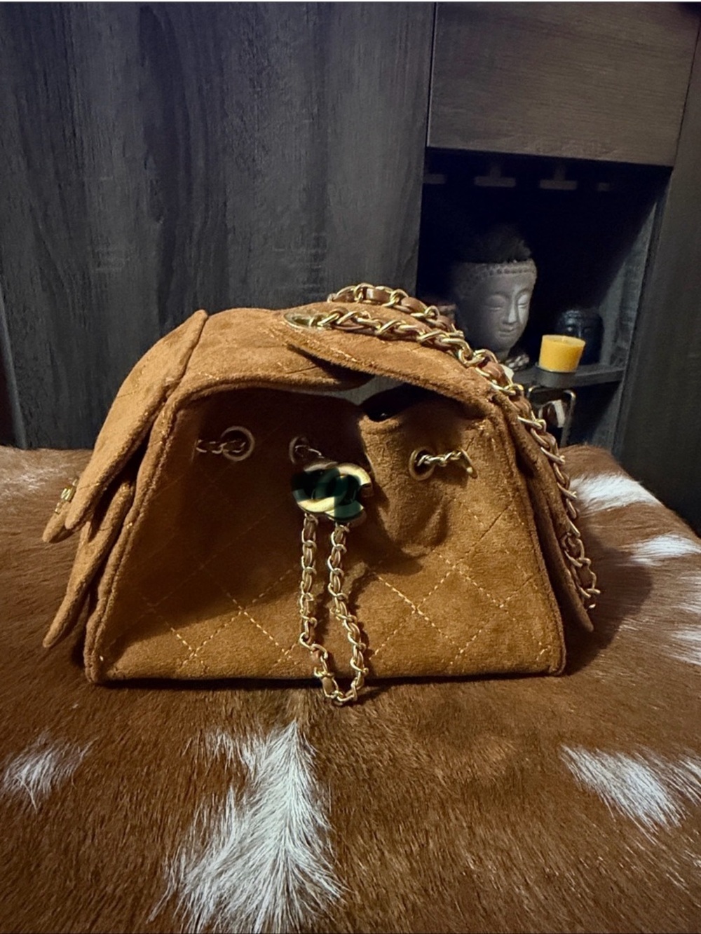 Suede Quilted Shoulder Bag - Brown with Gold Hardware